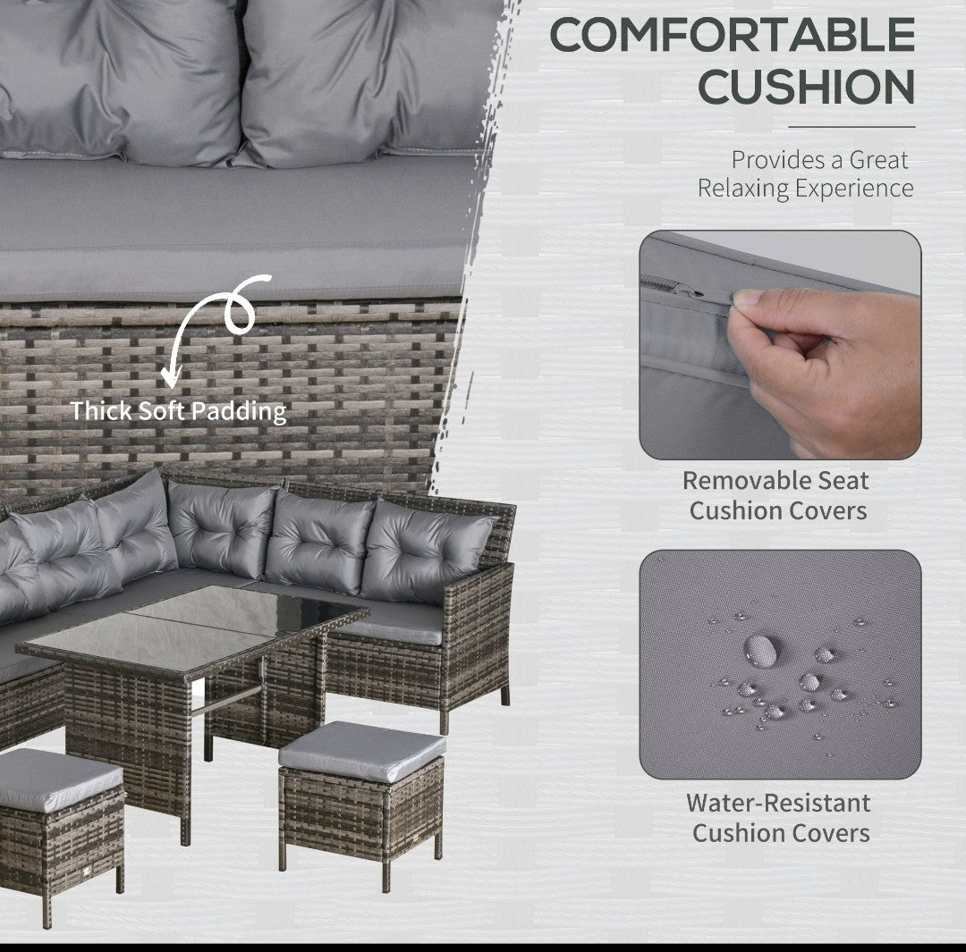 8-Seater Rattan Garden Sofa Set | Tempered Glass Table & Thick Cushions