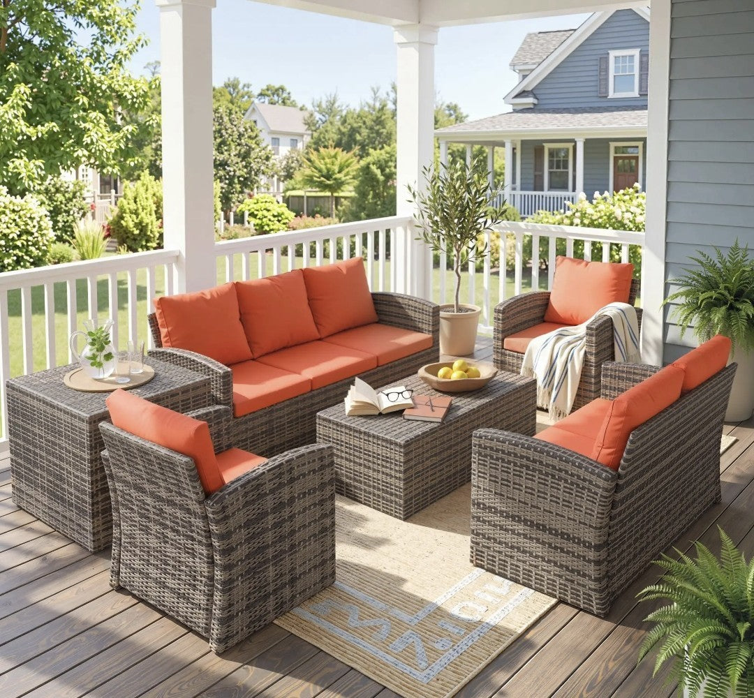 7-Seater Rattan Garden Sofa Set | 6-Piece Outdoor Furniture with Storage Tables – Brown & Orange