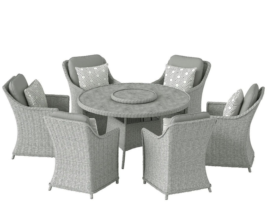 7-Piece Rattan Garden Dining Set with Turntable & Marble Effect Round Table