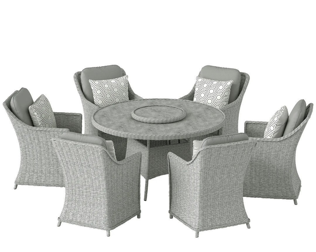 7-Piece Rattan Garden Dining Set with Turntable & Marble Effect Round Table