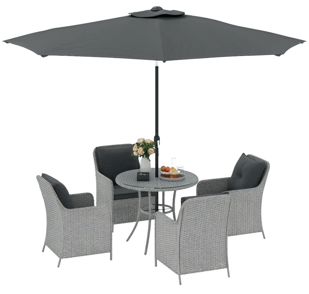 4-Seater Rattan Dining Set with Parasol & Cushions – Light Grey