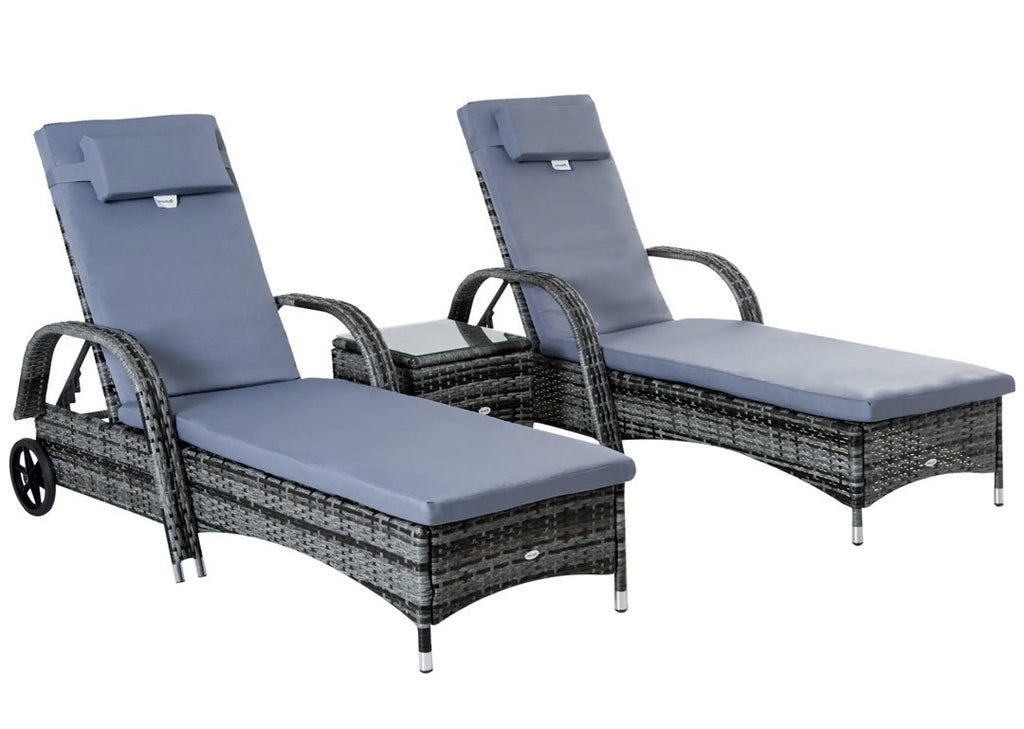 3-Piece Rattan Sun Lounger Set | Wicker Wheeling Recliner Garden Loungers | PE Rattan
