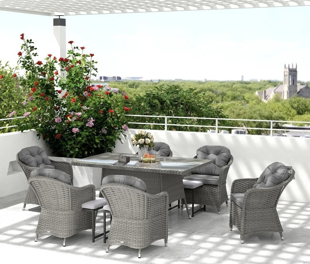 7-Piece Rattan Garden Dining Set – Light Grey | 6-Seater with Tempered Glass & Parasol Hole