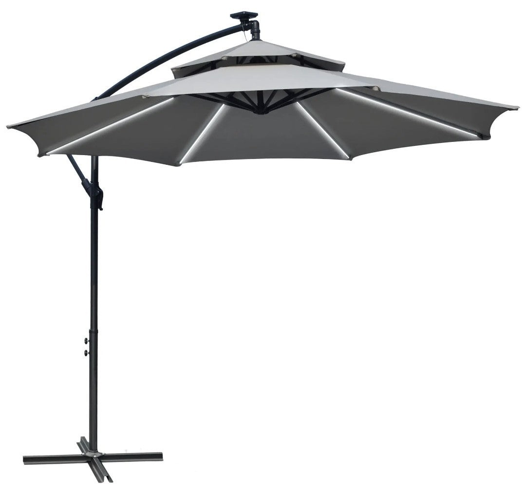 3m Cantilever Garden Parasol with Double Roof & LED Solar Lights – Black