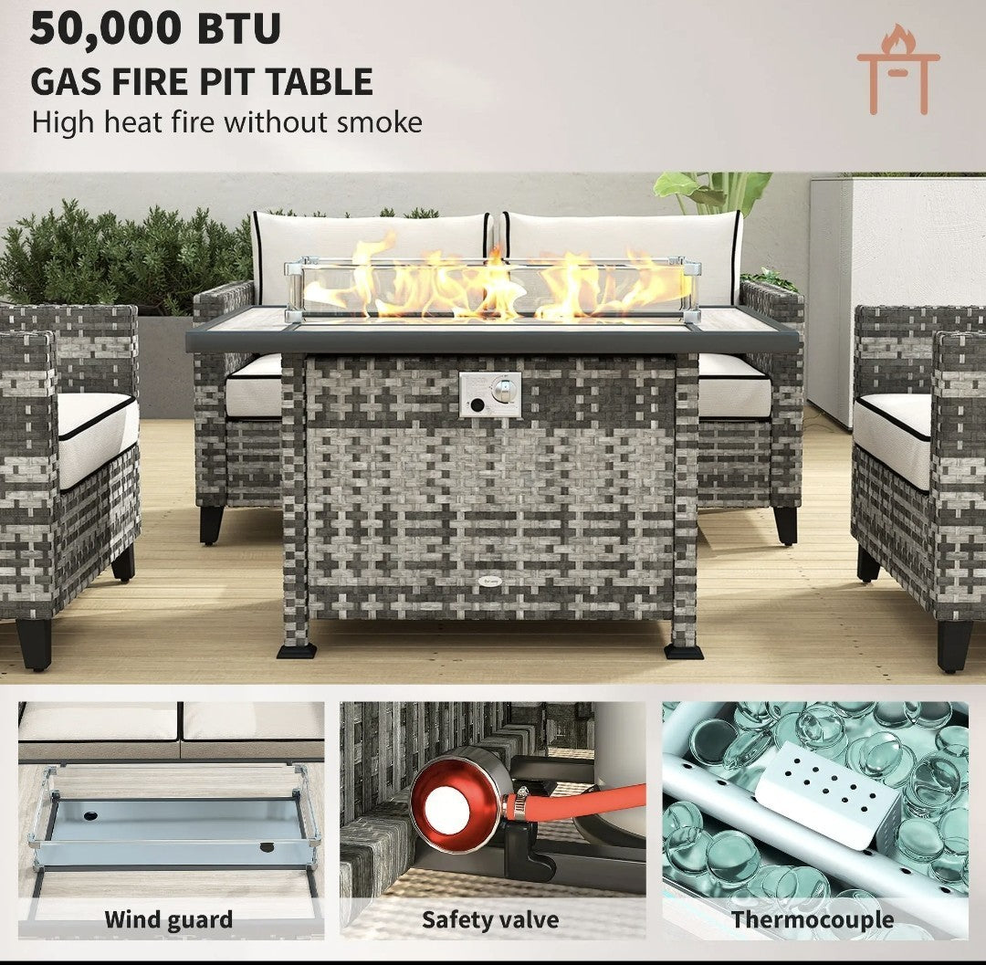 5-Piece Rattan Garden Sofa Set with Gas Fire Pit Table – Grey