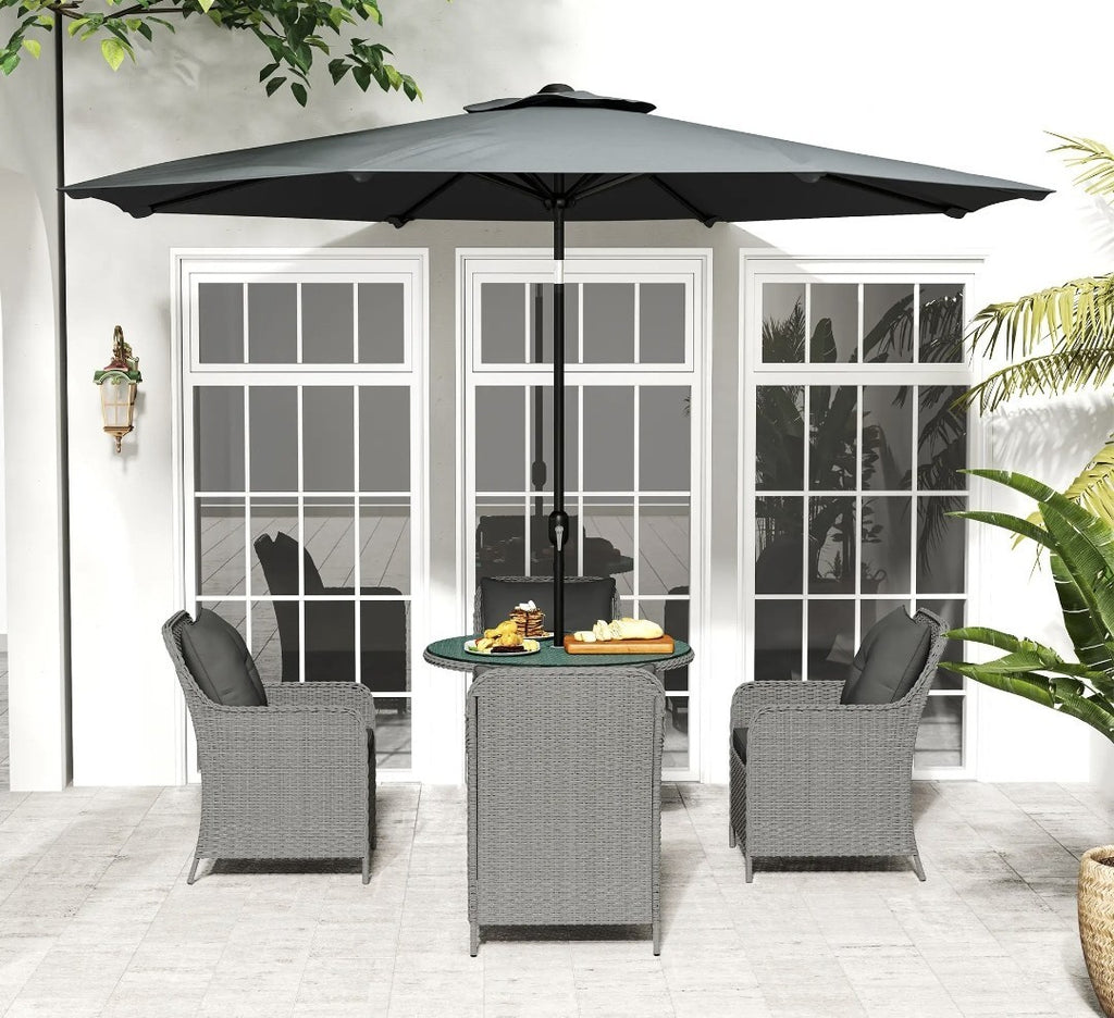 4-Seater Rattan Dining Set with Parasol & Cushions – Light Grey