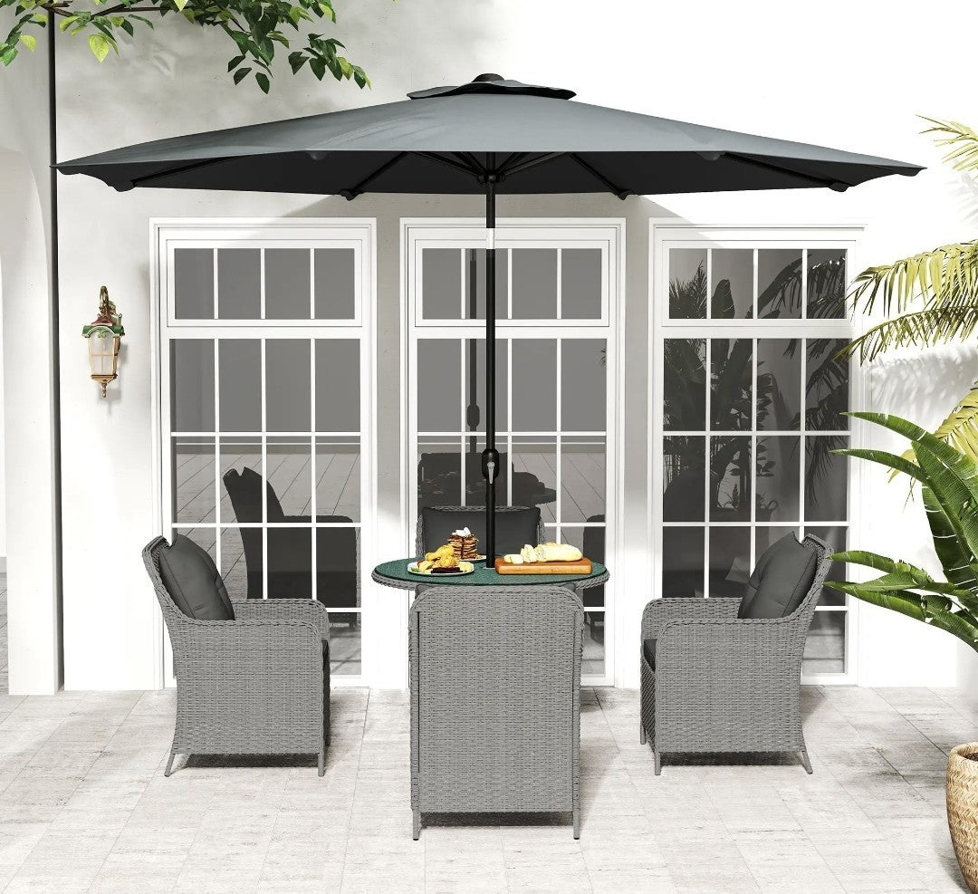 4-Seater Rattan Dining Set with Parasol & Cushions – Light Grey