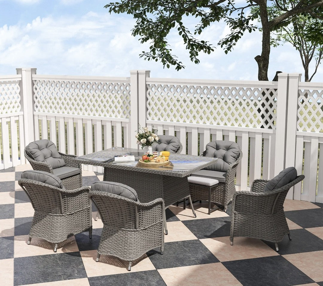 7-Piece Rattan Garden Dining Set – Light Grey | 6-Seater with Tempered Glass & Parasol Hole