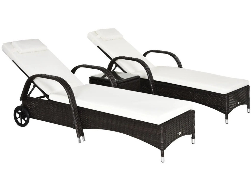 2x Rattan Sun Loungers with Adjustable Back, Wheels, Cushions, Headrest & Table