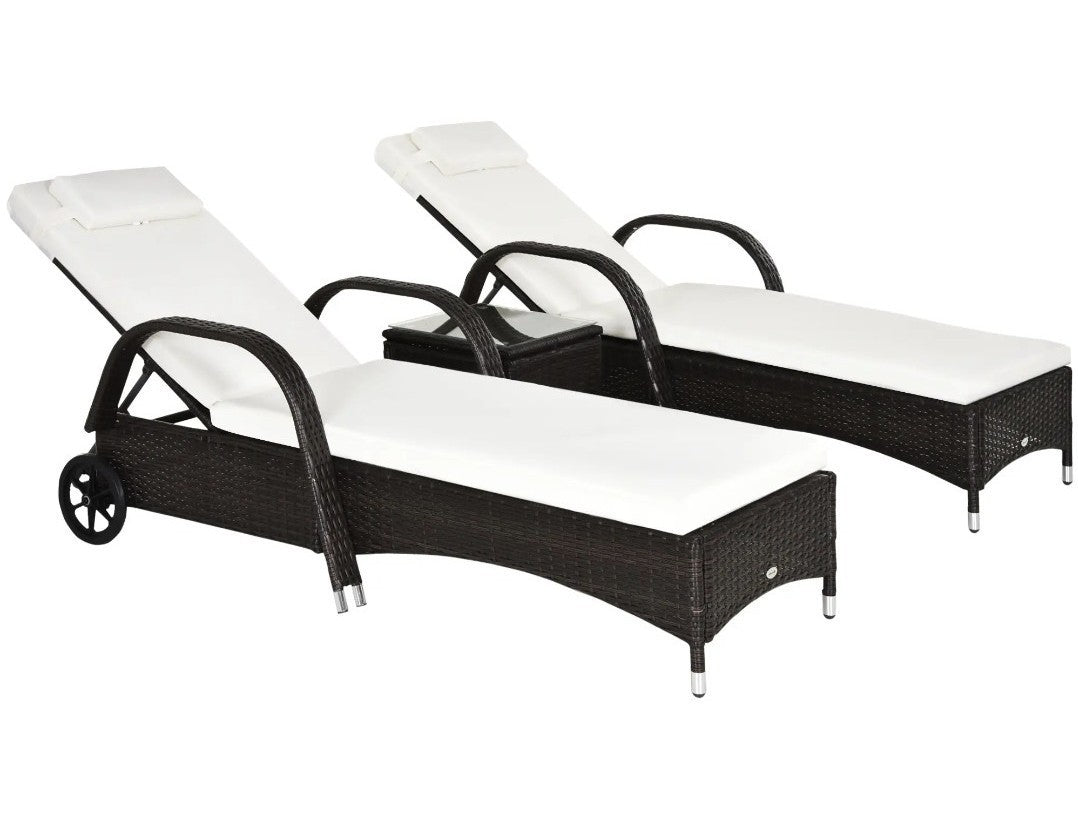 2x Rattan Sun Loungers with Adjustable Back, Wheels, Cushions, Headrest & Table
