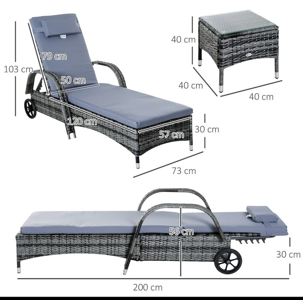 3-Piece PE Rattan Sun Lounger Set – Grey | Wheeled Recliner with Cushions