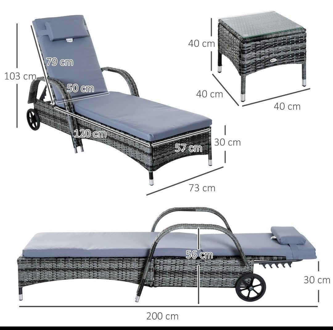 3-Piece PE Rattan Sun Lounger Set – Grey | Wheeled Recliner with Cushions