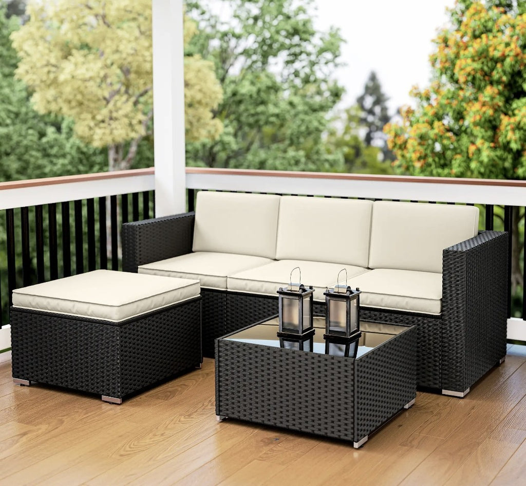 3-Piece PE Rattan Corner Sofa Set with Cushions | Black