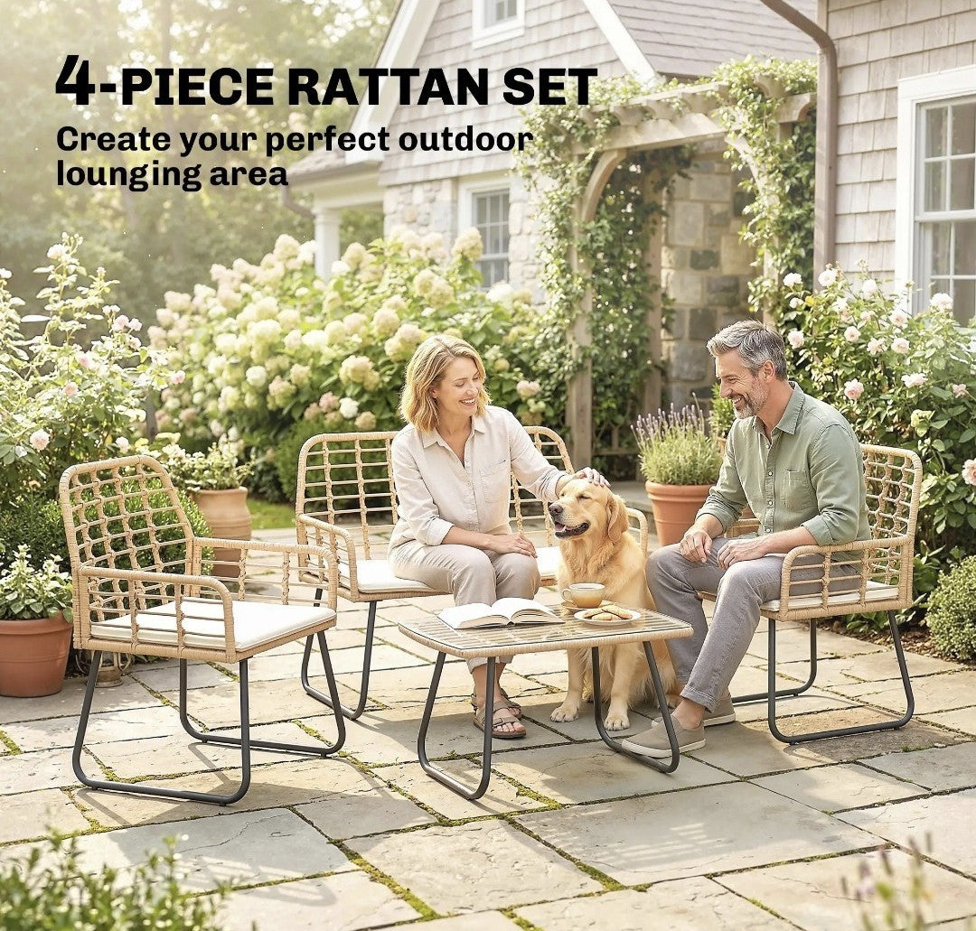 4-Piece Rattan Garden Set | Loveseat, Armchairs & Coffee Table | Natural Wood