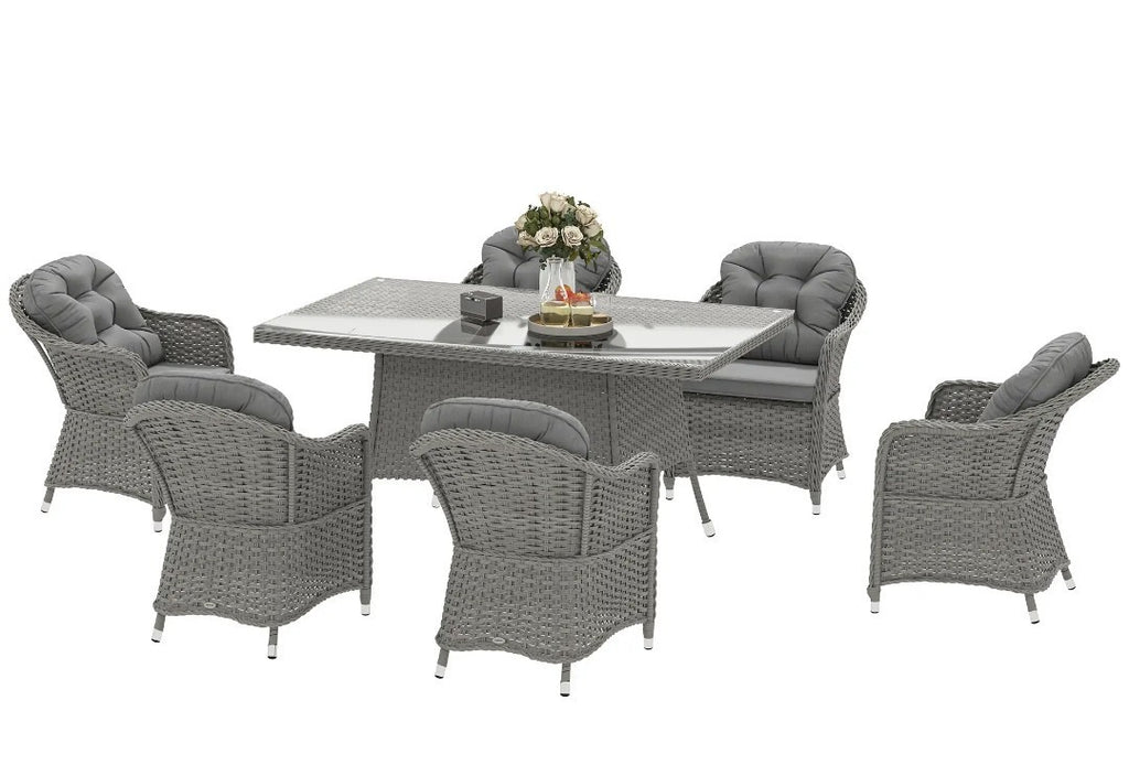 7-Piece Rattan Garden Dining Set – Light Grey | 6-Seater with Tempered Glass & Parasol Hole