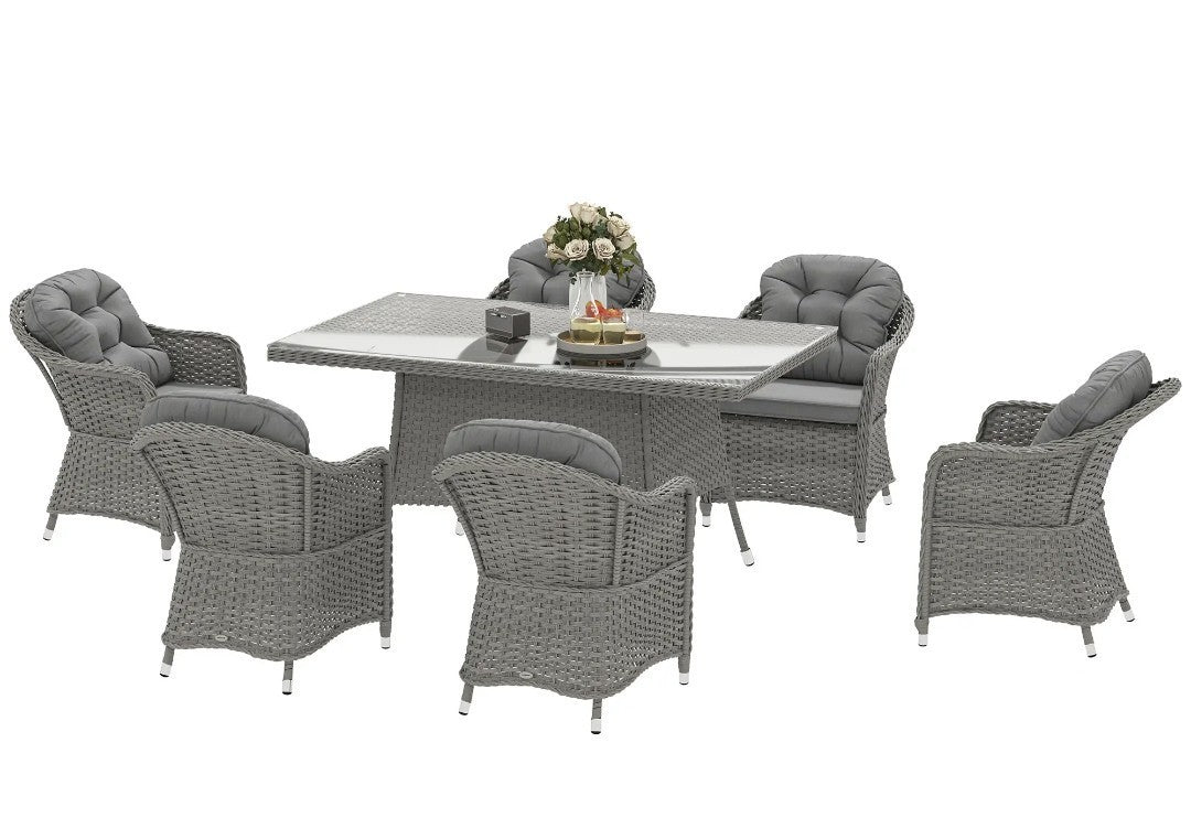 7-Piece Rattan Garden Dining Set – Light Grey | 6-Seater with Tempered Glass & Parasol Hole