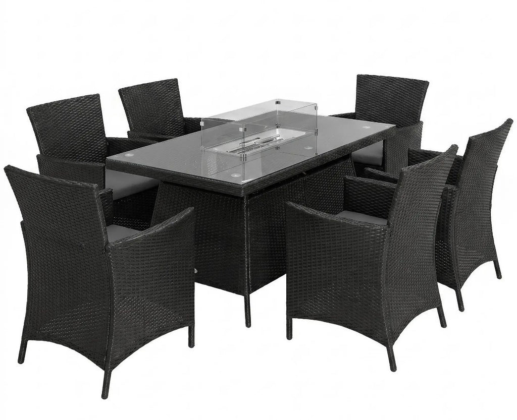6-Seater Rattan Garden Set with Gas Fire Pit Table – 7 Piece, Black & Grey