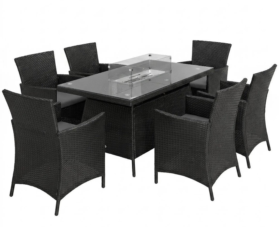 6-Seater Rattan Garden Set with Gas Fire Pit Table – 7 Piece, Black & Grey