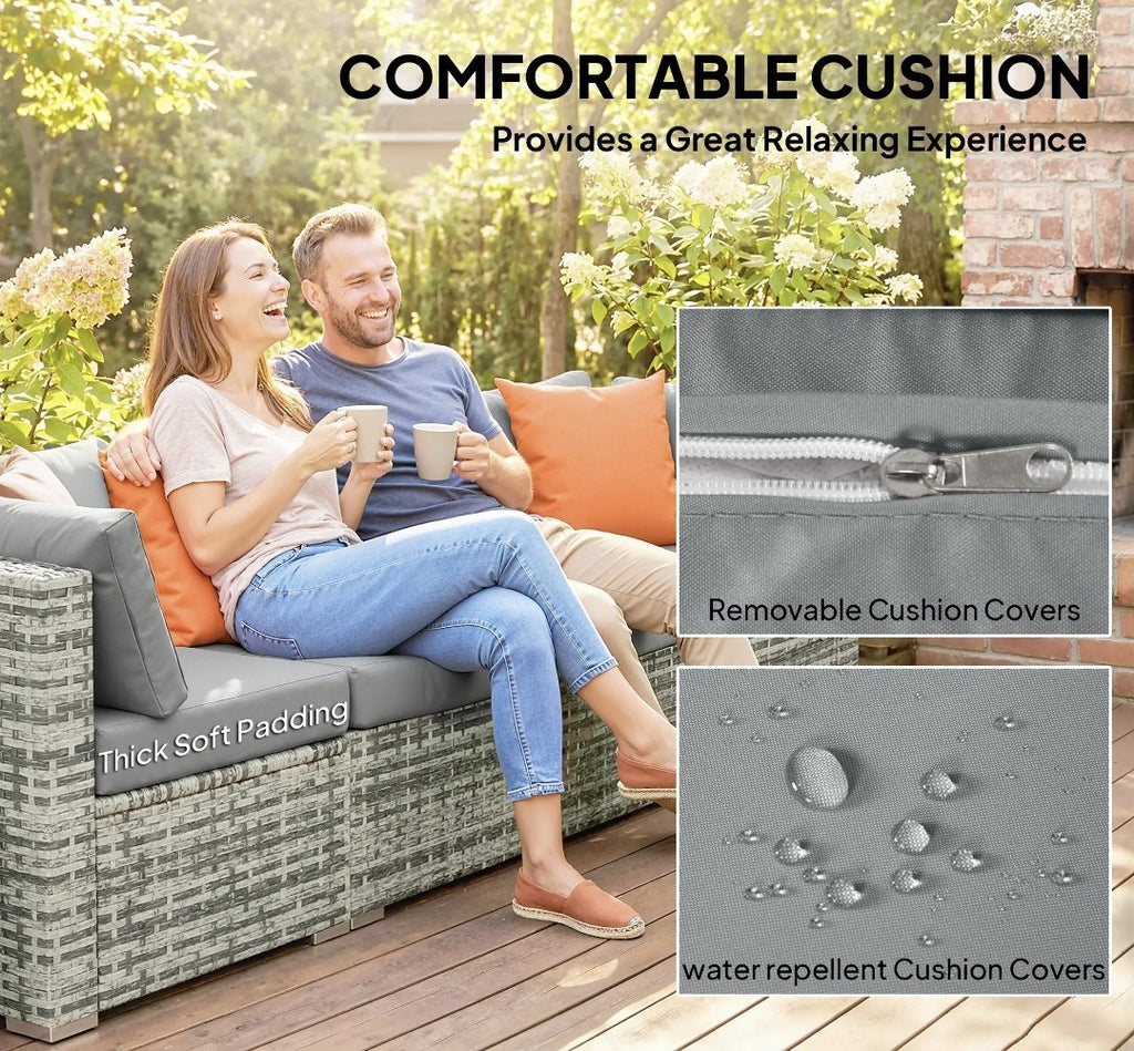 10-Piece Rattan Garden Furniture Set | 3 Corner Sofas, 3 Chairs, 3 Stools & Table – Grey & Orange