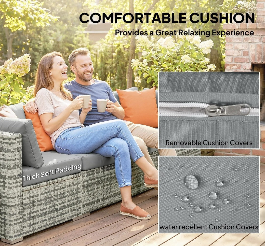 10-Piece Rattan Garden Furniture Set | 3 Corner Sofas, 3 Chairs, 3 Stools & Table – Grey & Orange