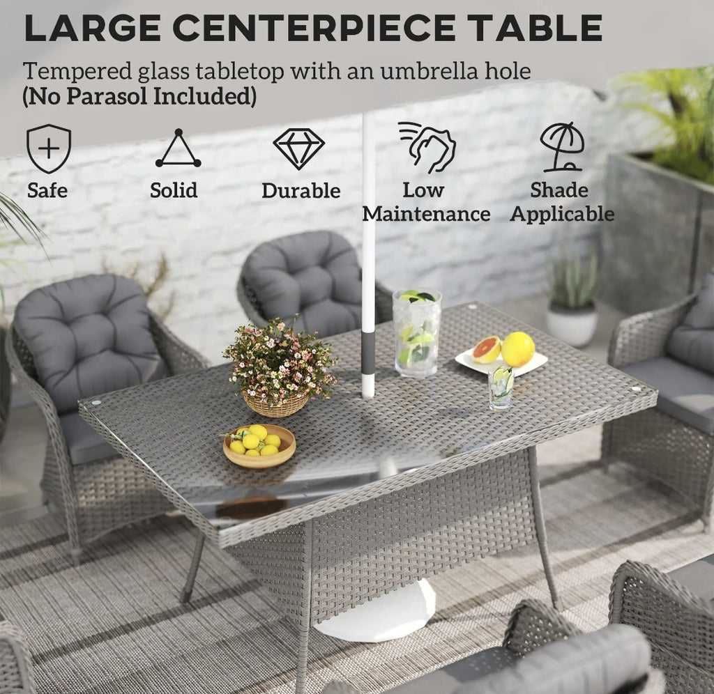 7-Piece Rattan Garden Dining Set – Light Grey | 6-Seater with Tempered Glass & Parasol Hole