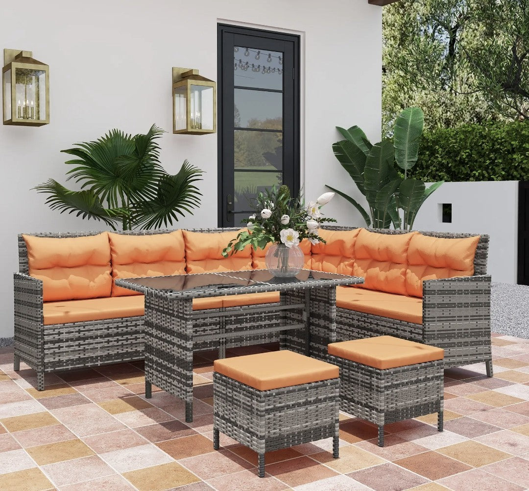 7-Seater Rattan Garden Sofa Set with Glass Table – Orange Cushions
