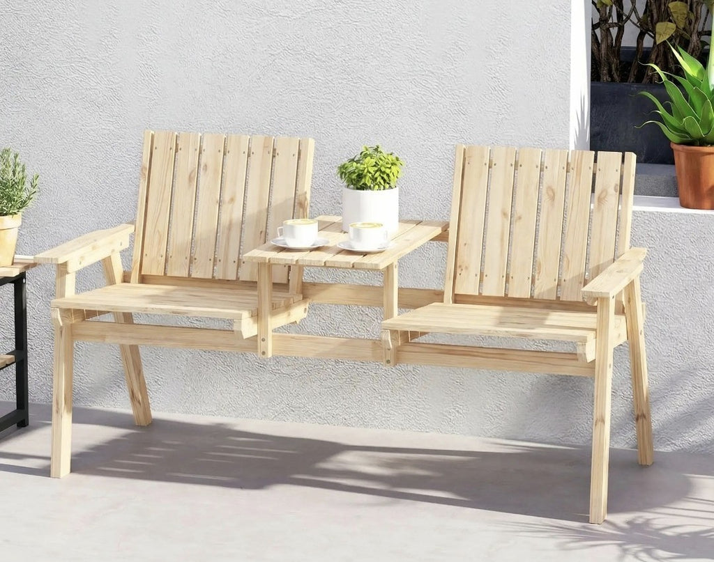 2-Seater Garden Loveseat with Middle Table | Wood Finish Patio Furniture