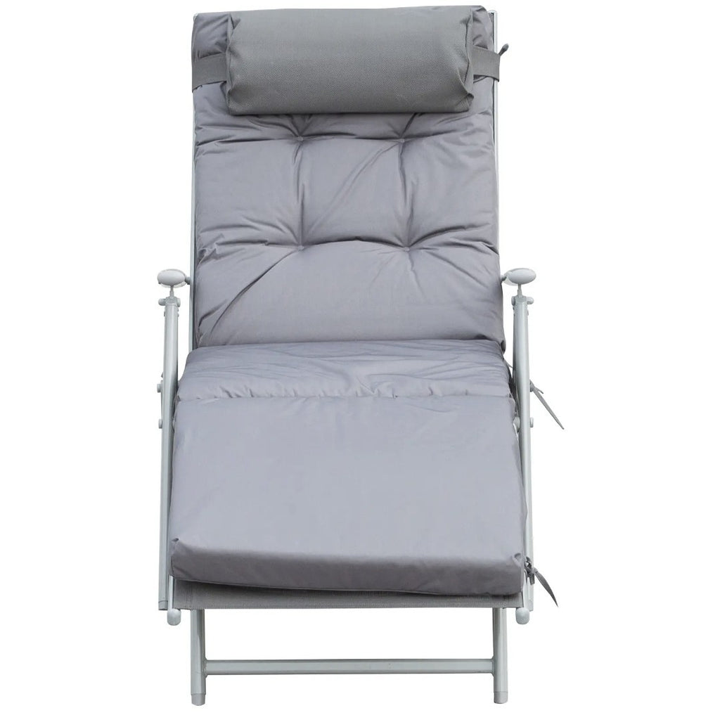 Steel Frame Padded Garden Sun Lounger with Pillow – Grey | 7-Position Recliner