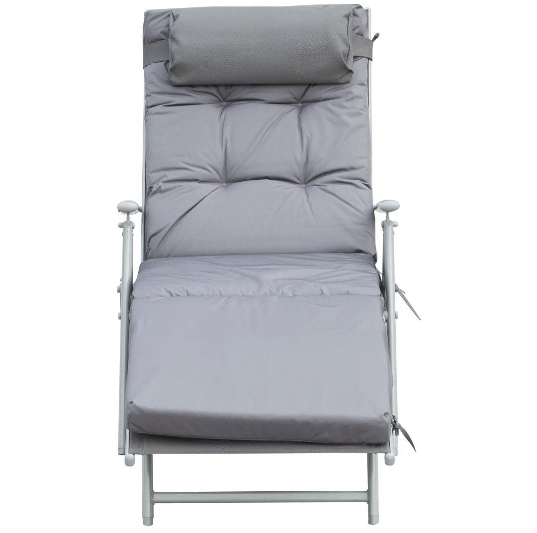 Steel Frame Padded Garden Sun Lounger with Pillow – Grey | 7-Position Recliner