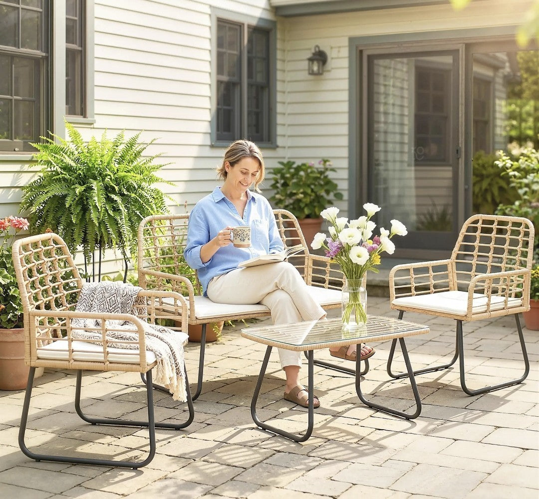 4-Piece Rattan Garden Set | Loveseat, Armchairs & Coffee Table | Natural Wood
