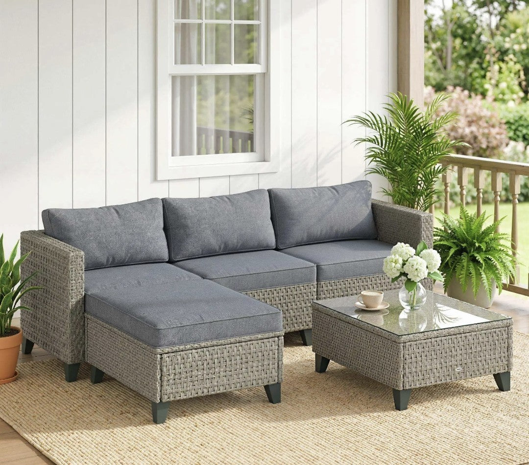 5-Piece Rattan Corner Sofa Set with Coffee Table – Dark Grey