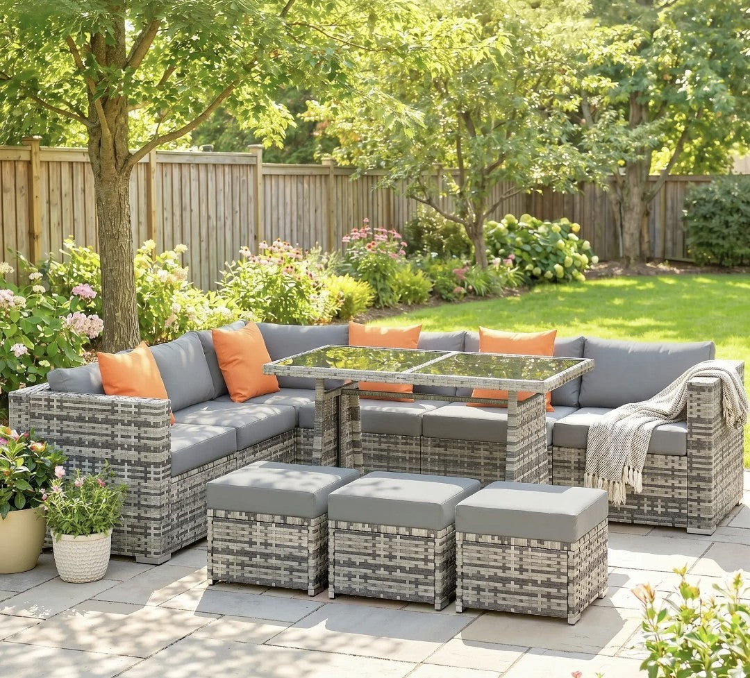 10-Piece Rattan Garden Furniture Set | 3 Corner Sofas, 3 Chairs, 3 Stools & Table – Grey & Orange
