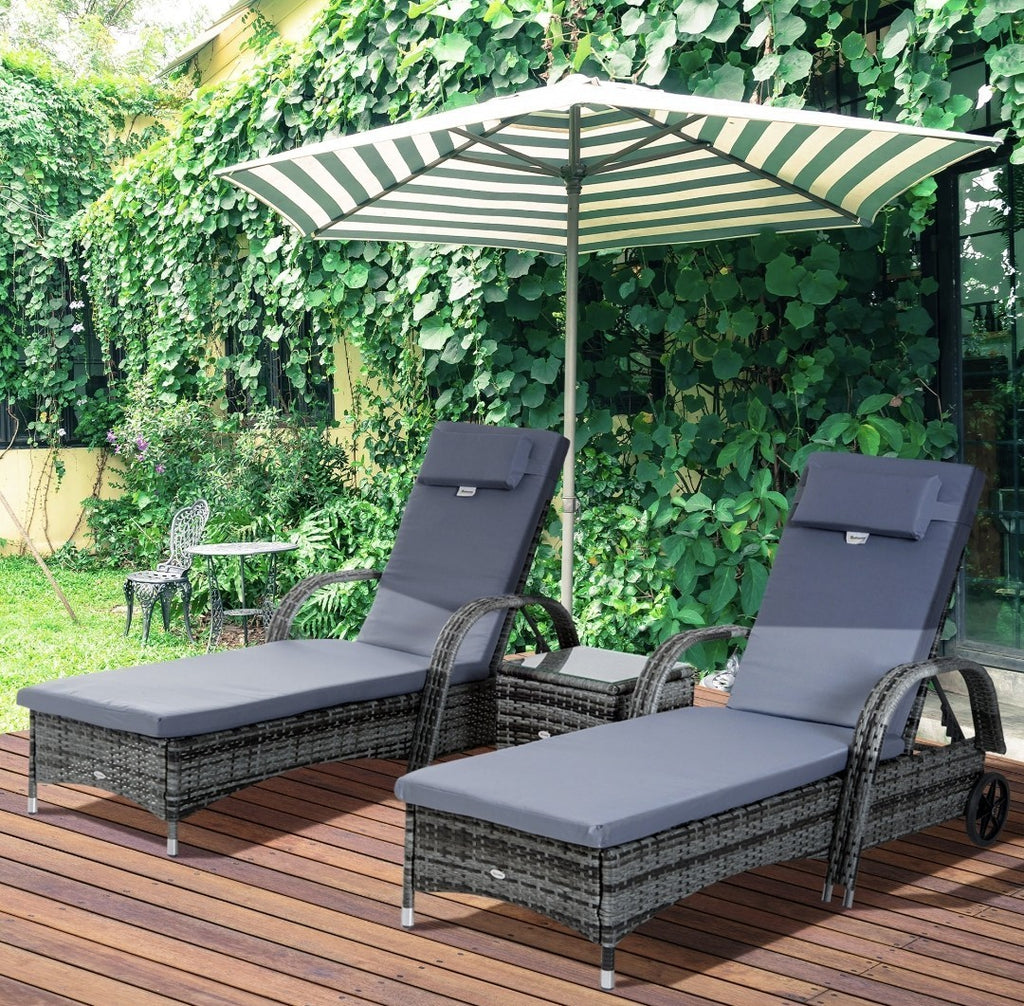 3-Piece PE Rattan Sun Lounger Set – Grey | Wheeled Recliner with Cushions