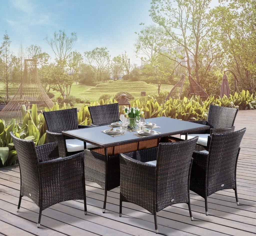 7-Piece Rattan Garden Dining Set with Cushions – Brown