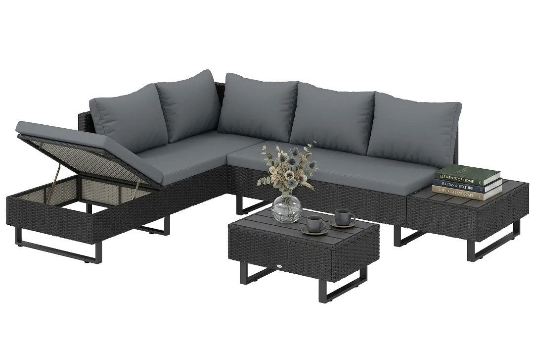 L-Shaped Rattan Garden Corner Sofa Set | Outdoor Furniture, Dark Grey