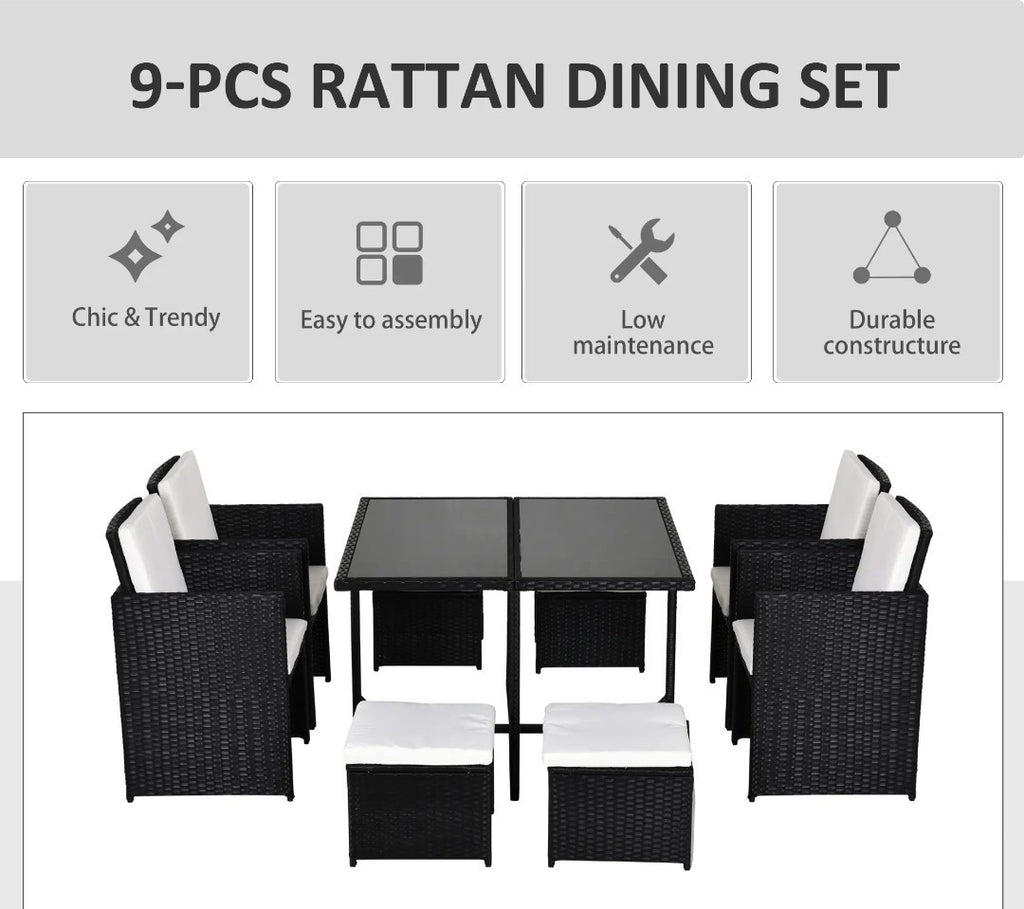 9-Piece Rattan Garden Dining Set | Armchairs, Footstools & Table | Black