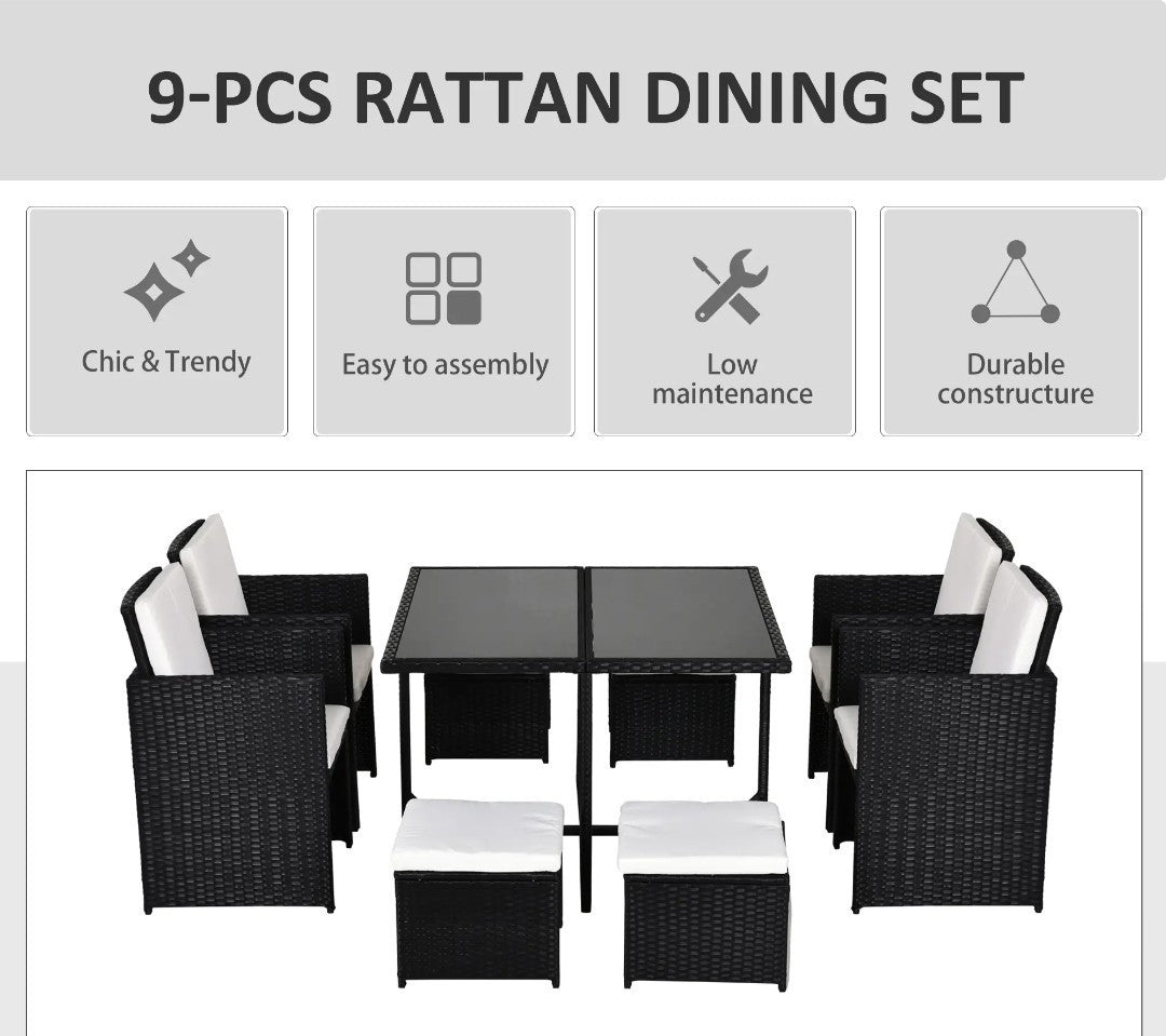 9-Piece Rattan Garden Dining Set | Armchairs, Footstools & Table | Black