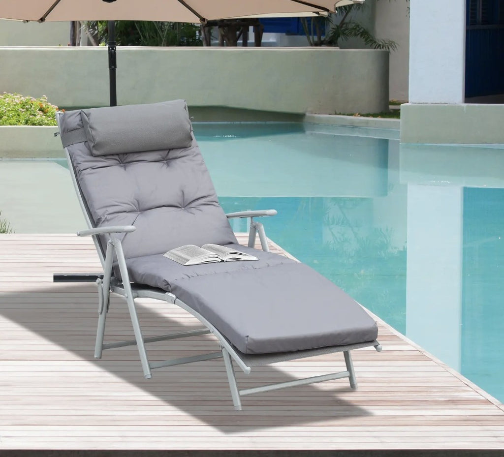 Steel Frame Padded Garden Sun Lounger with Pillow – Grey | 7-Position Recliner