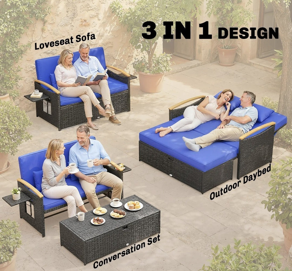 Double Rattan Garden Daybed | Wicker Sun Lounger with Storage Ottoman | Brown