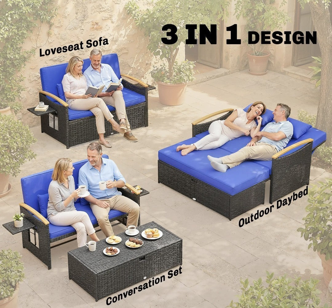 Double Rattan Garden Daybed | Wicker Sun Lounger with Storage Ottoman | Brown