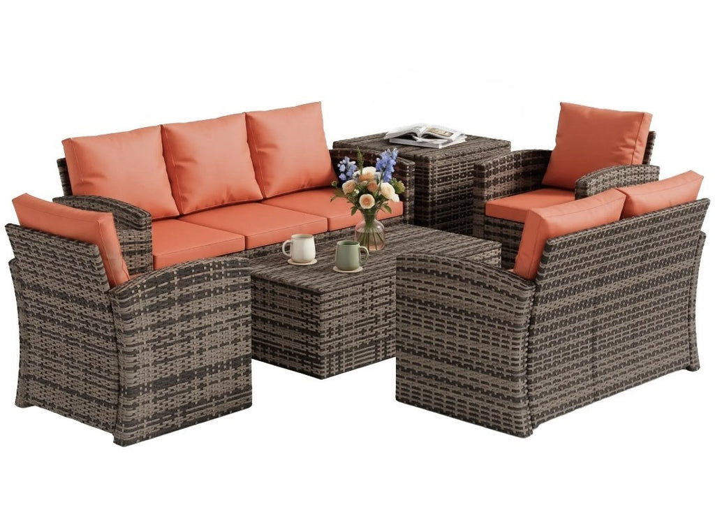 7-Seater Rattan Garden Sofa Set | 6-Piece Outdoor Furniture with Storage Tables – Brown & Orange
