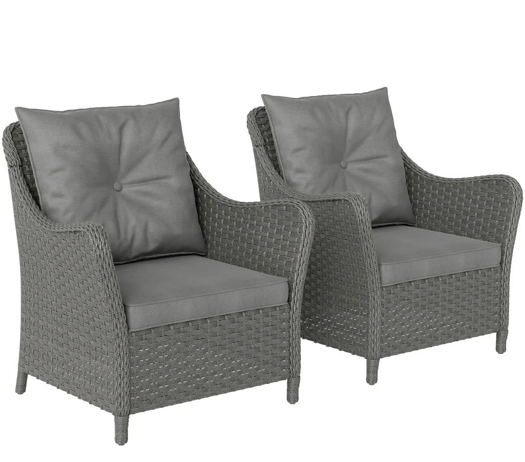 2 High-Back Rattan Garden Armchairs | PE Wicker, Steel Frame & Cushions | Dark Grey