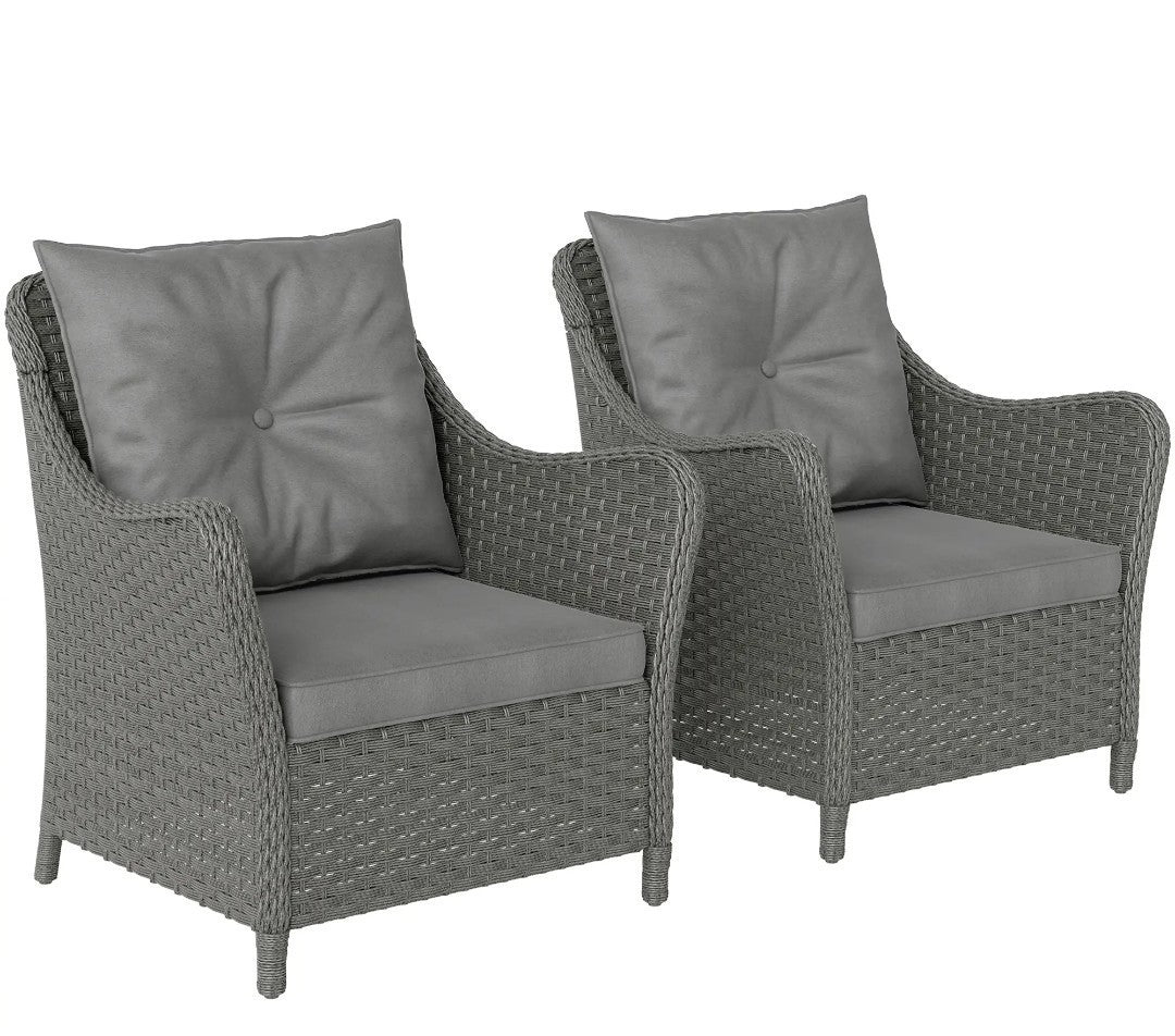 2 High-Back Rattan Garden Armchairs | PE Wicker, Steel Frame & Cushions | Dark Grey