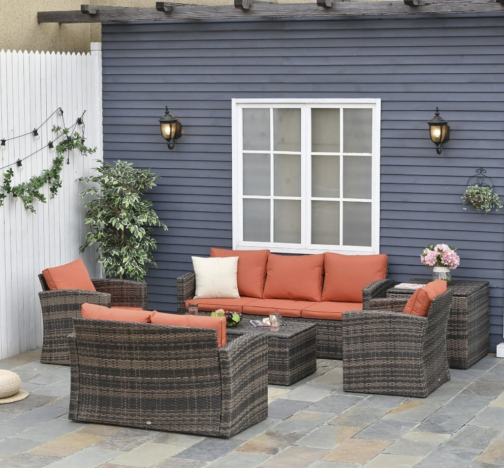 7-Seater Rattan Garden Sofa Set | 6-Piece Outdoor Furniture with Storage Tables – Brown & Orange
