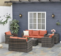 7-Seater Rattan Garden Sofa Set | 6-Piece Outdoor Furniture with Storage Tables – Brown & Orange