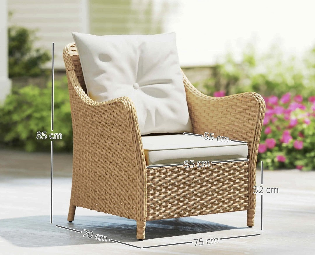 3-Piece Rattan Bistro Set | 2 Armchairs & Side Table | Natural PE Rattan with Cream Cushions