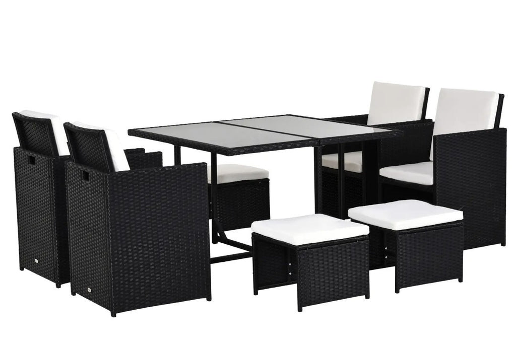 9-Piece Rattan Garden Dining Set | Armchairs, Footstools & Table | Black