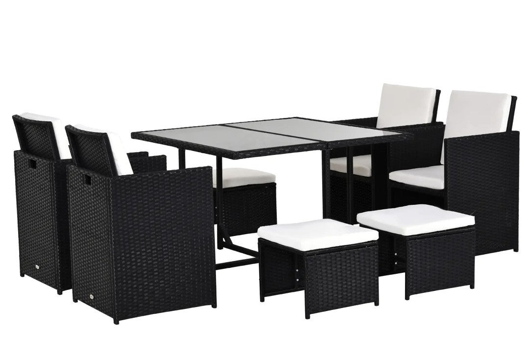 9-Piece Rattan Garden Dining Set | Armchairs, Footstools & Table | Black