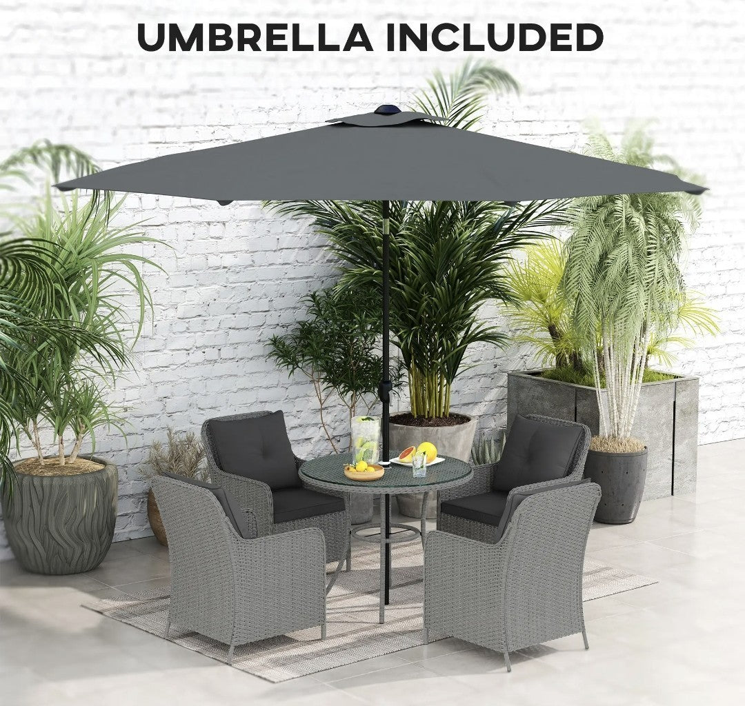 4-Seater Rattan Dining Set with Parasol & Cushions – Light Grey