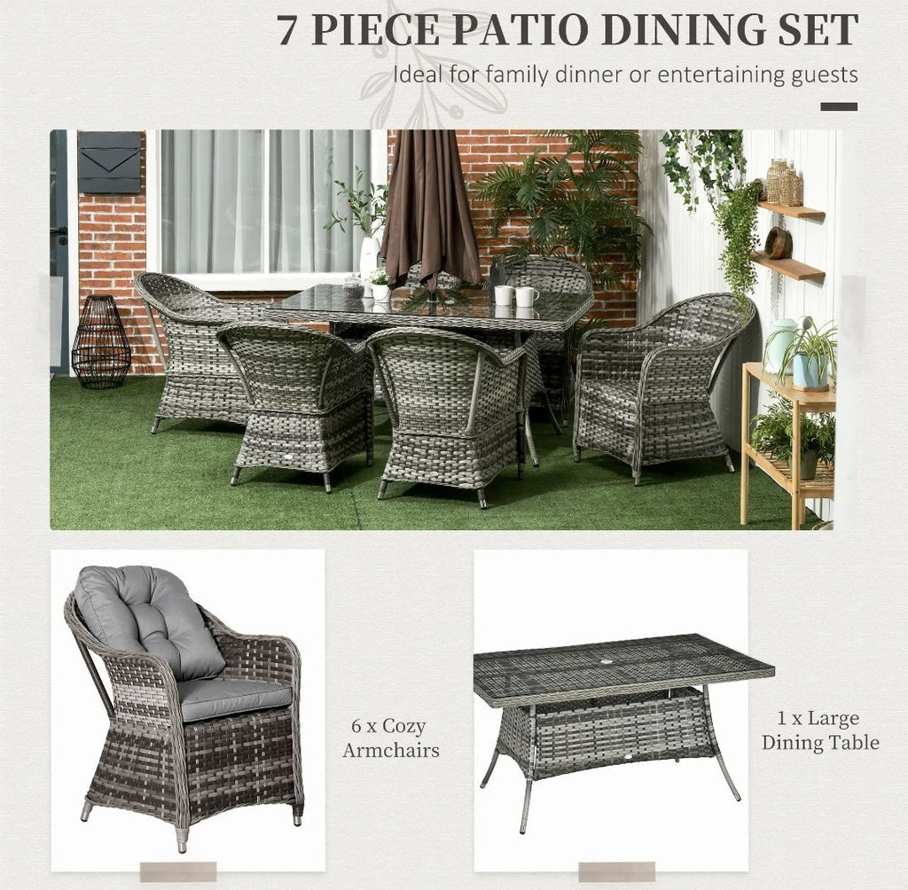 7-Piece Rattan Garden Dining Set – Grey | 6-Seater with Tempered Glass & Parasol Hole